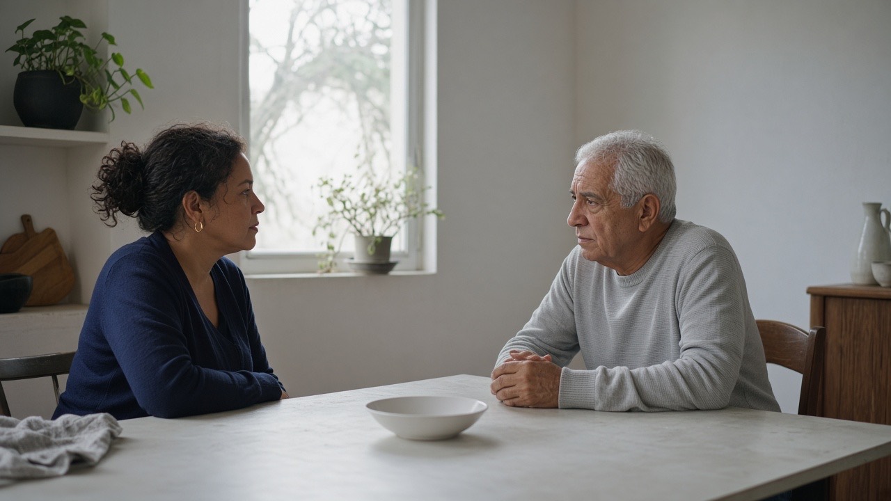Duas pessoas em conversa calma à mesa de uma casa, com luz natural.